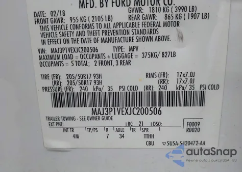 2018 Ford Ecosport Titanium z USA, uszkodzony, nr VIN MAJ3P1VEXJC200506